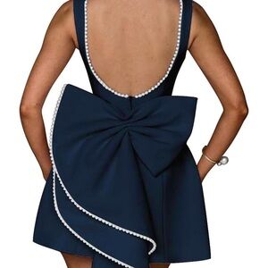 Navy Blue Mini Dress with White Pearl Accents